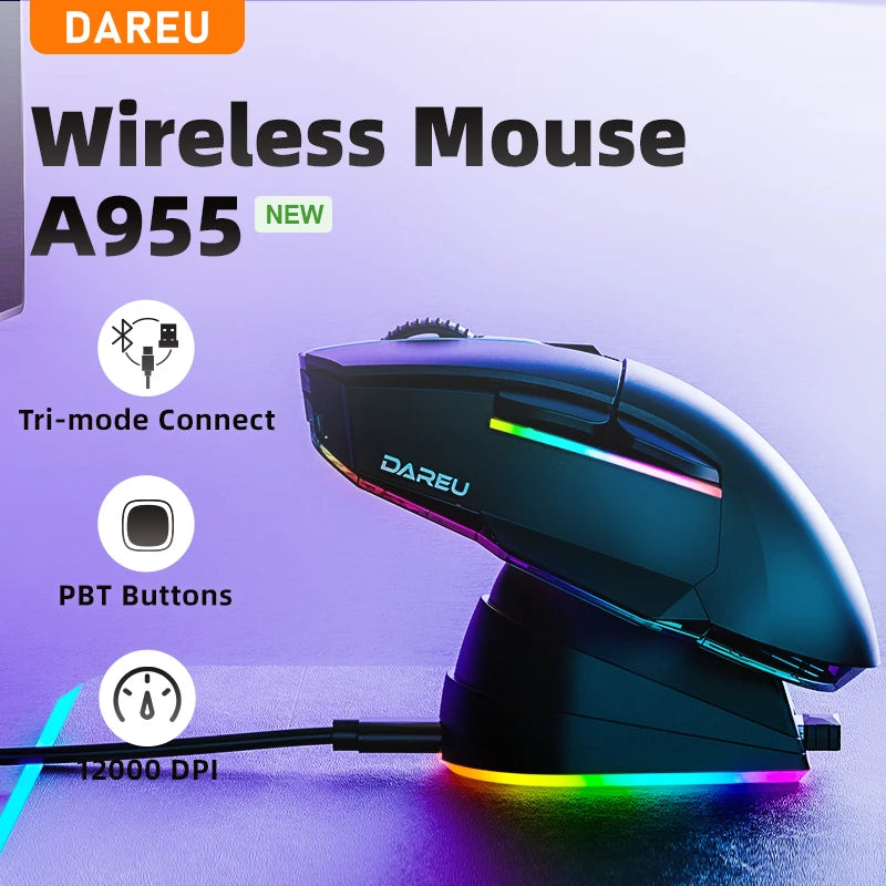 PC Gamer Mouse 12000DPI RGB Tri-Mode Wireless Bluetooth Mice with Charging Dock AIM-WL Sensor for Laptop PC
